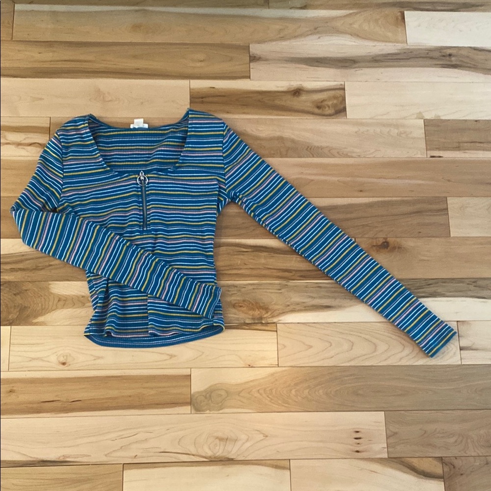 Garage Blue and Black Fitted Ribbed Blouse